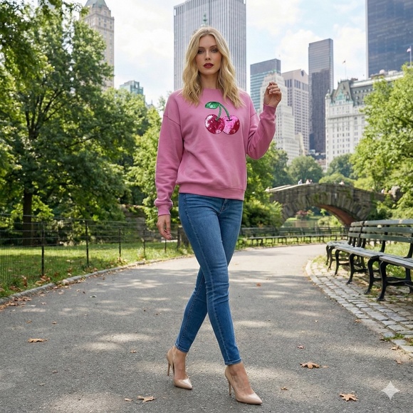 Mauve Pink Oversized Sweatshirt with Sequin Cherry Applique | Size M (NWT) - Picture 1 of 4